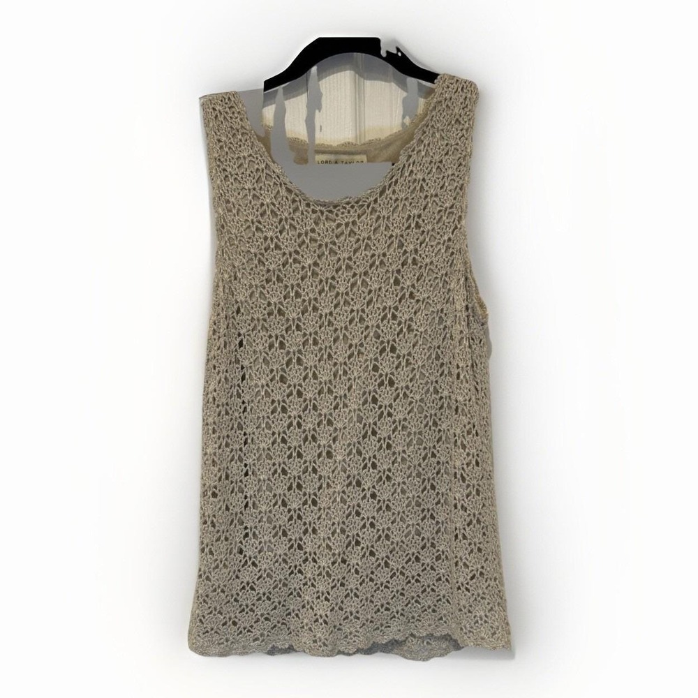 Lord & Taylor M Linen Rayon Knit Lace Tank Top Beige Crochet Sleeveless Vtg‎